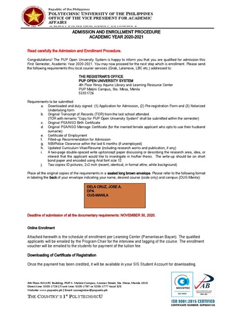 pup ousee|OUSEE Admission and Enrollment Procedure .